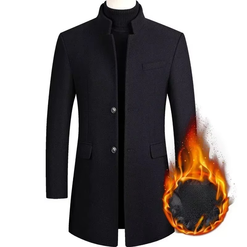 Men's Medium Long Wool Blend Trench Coat for Autumn and Winter