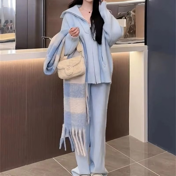 Women’s Knit Two Piece Pant Set with Zipper Sweater Coat and Wide Leg Pants