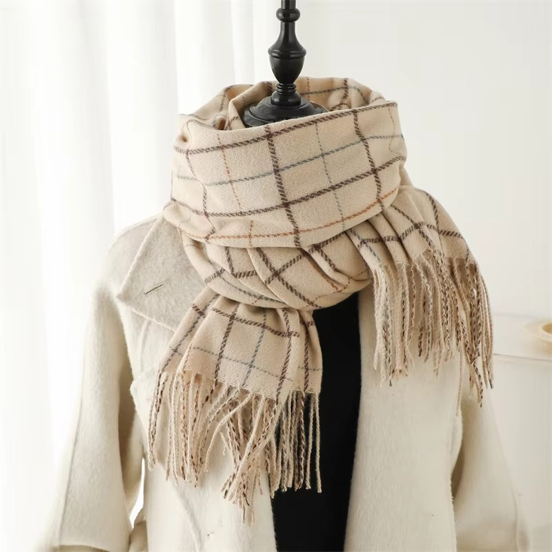 Cozy Cashmere Plaid Winter Scarf for Women, Thick Pashmina Shawl with Tassels