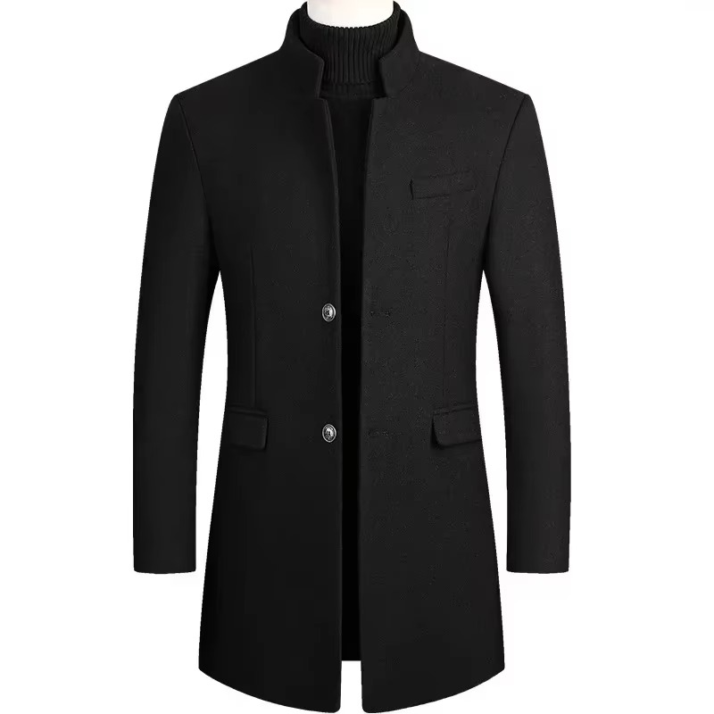 Men's Medium Long Wool Blend Trench Coat for Autumn and Winter