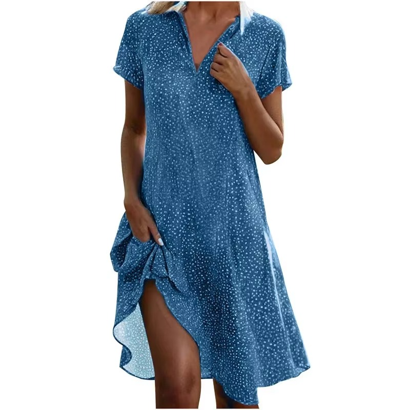 Summer Polka Dot Midi Shirt Dress for Women – Casual Loose Fit with Turn-Down Collar and Short Sleeves