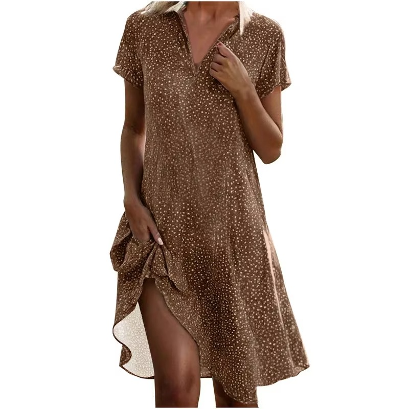 Summer Polka Dot Midi Shirt Dress for Women – Casual Loose Fit with Turn-Down Collar and Short Sleeves
