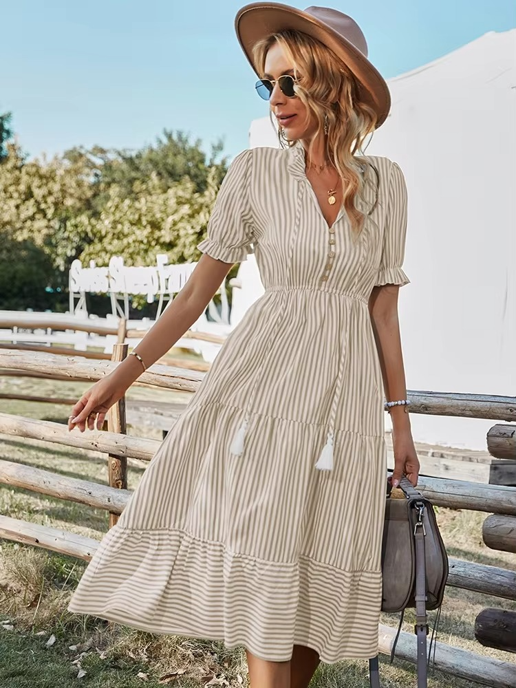 Striped V-Neck Short Sleeve Midi Dress with Tassel Details