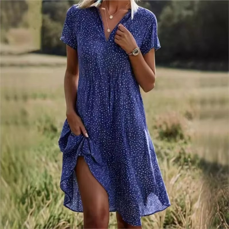 Summer Polka Dot Midi Shirt Dress for Women – Casual Loose Fit with Turn-Down Collar and Short Sleeves