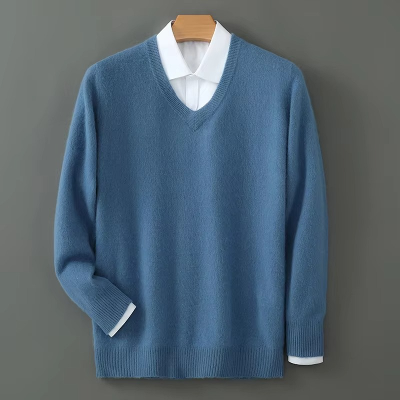 Men's Winter Cashmere Blend V Neck Sweater, Warm Knitted Pullover, Loose Fit Plus Size