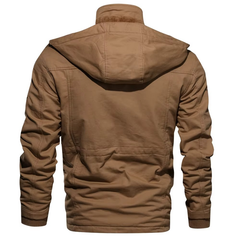 Men's Fleece Lined Hooded Cargo Jacket for Winter Outdoor Comfort