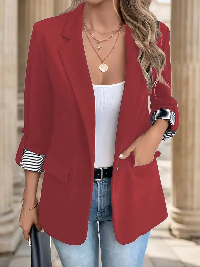 Women's Slim Fit Casual Blazer with Rolled Sleeves and Button Front