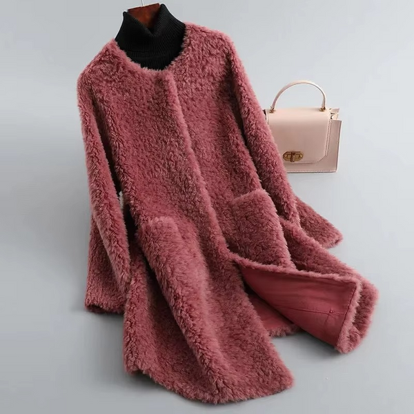 2025 Winter Women’s Mid Length Plush Faux Lamb Fur Coat Cardigan