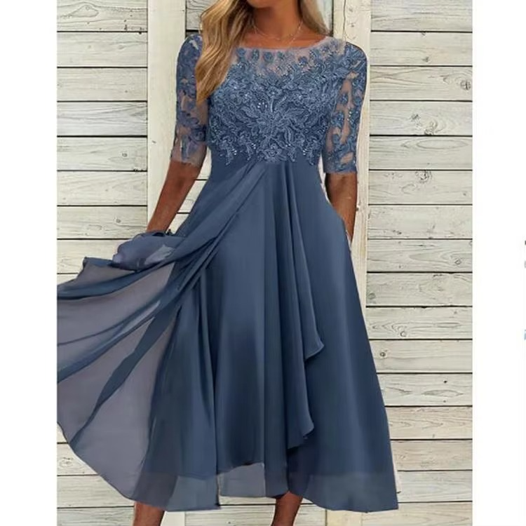 Elegant 2025 Summer Lace Embroidered Chiffon Midi Dress for Women – Formal & Party Wear
