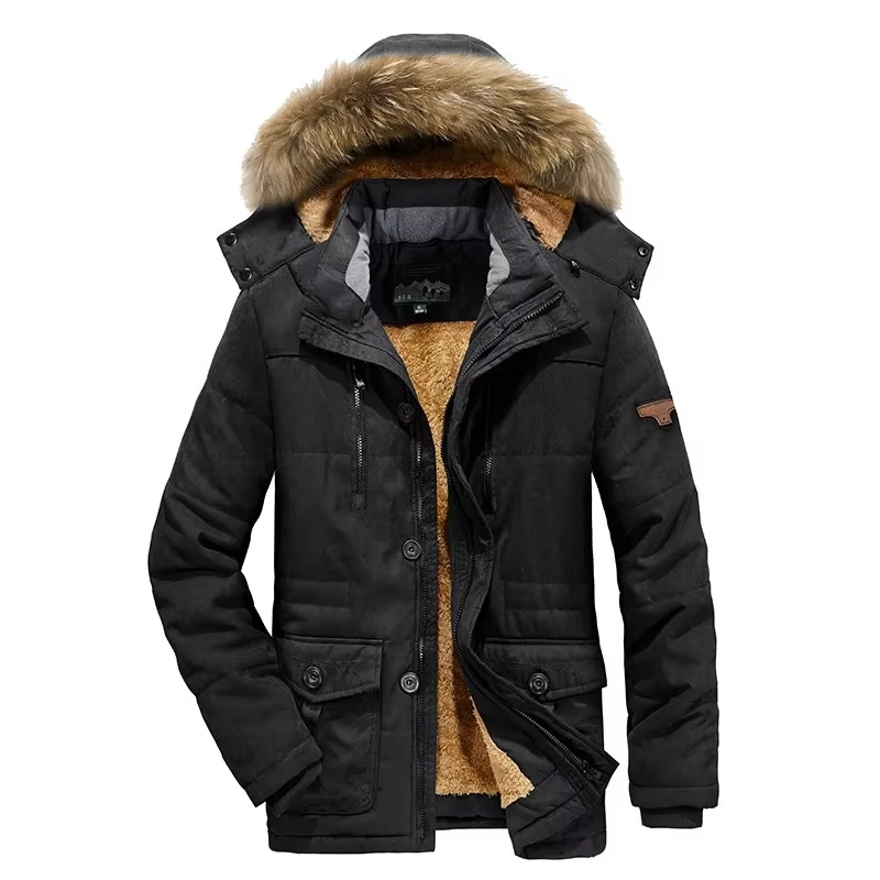 Men's Winter Parka Jacket with Thick Fleece Lining and Multi-Pocket Design