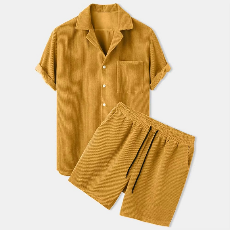 Men's Summer Corduroy 2-Piece Set – Short Sleeve Lapel Shirt with Matching Shorts