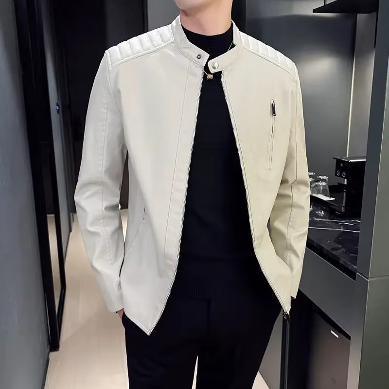 Men's PU Motorcycle Leather Jacket, Zip Up Stand Collar Coat for Spring and Fall