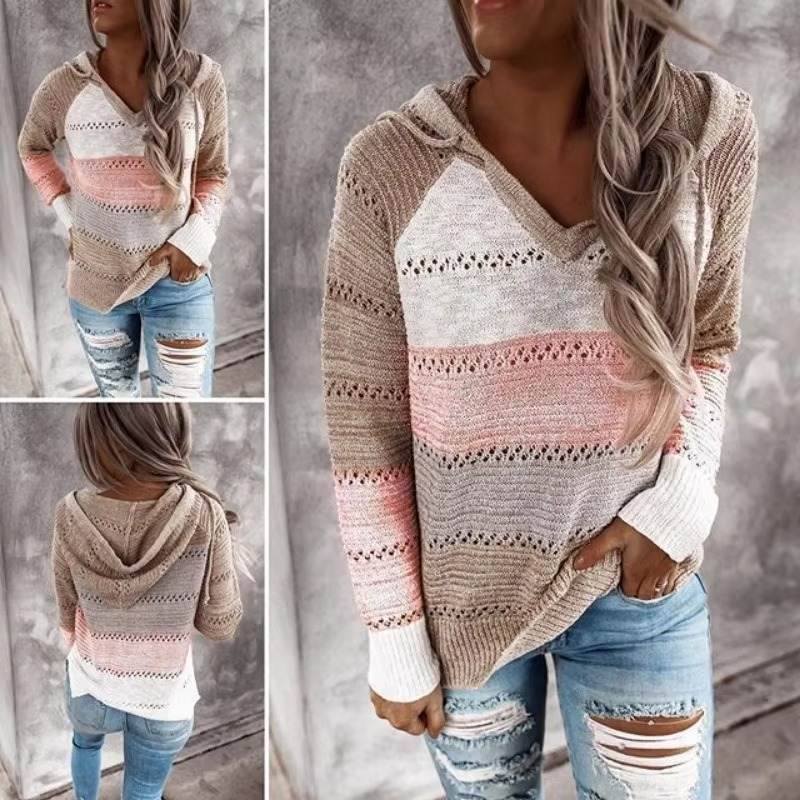 Cozy Patchwork Hooded Sweater for Women, Long Sleeve Striped Knit Pullover