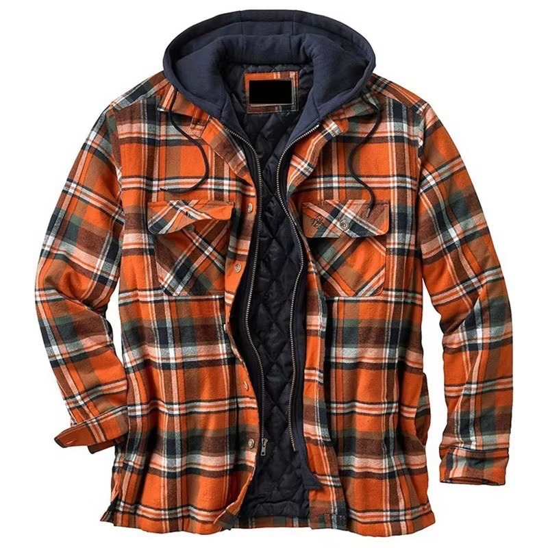 Men's Checkered Cotton Hooded Jacket, Thick Warm Casual Coat, Sizes S–5XL