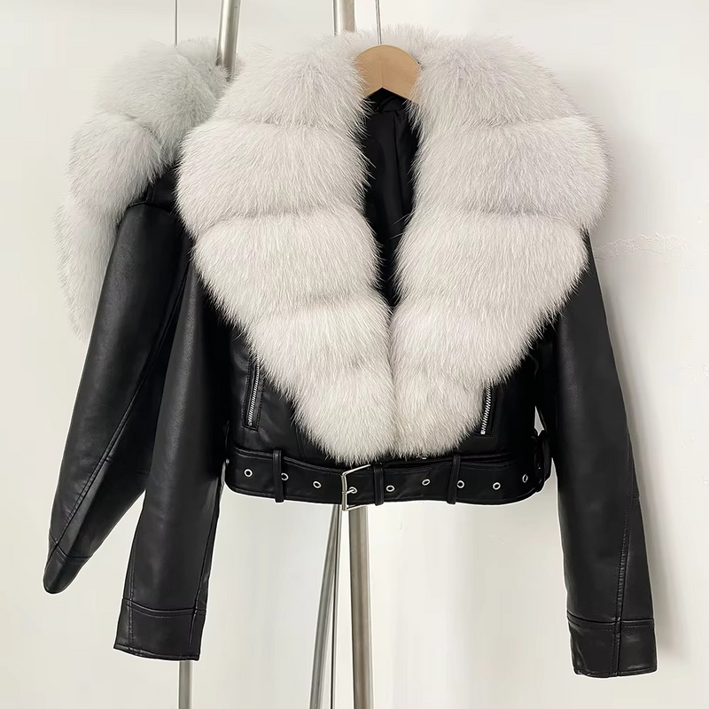 Women's Sheepskin Leather Coat with Real Fox Fur Collar — Warm Slim Fit Winter Jacket