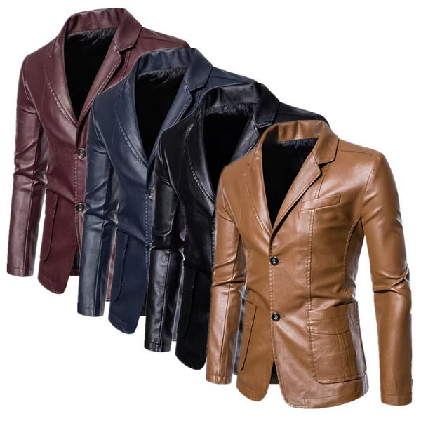 Men's Business Casual Leather Jacket with Suit Collar – Slim Fit, Black or Khaki, Sizes up to 5XL