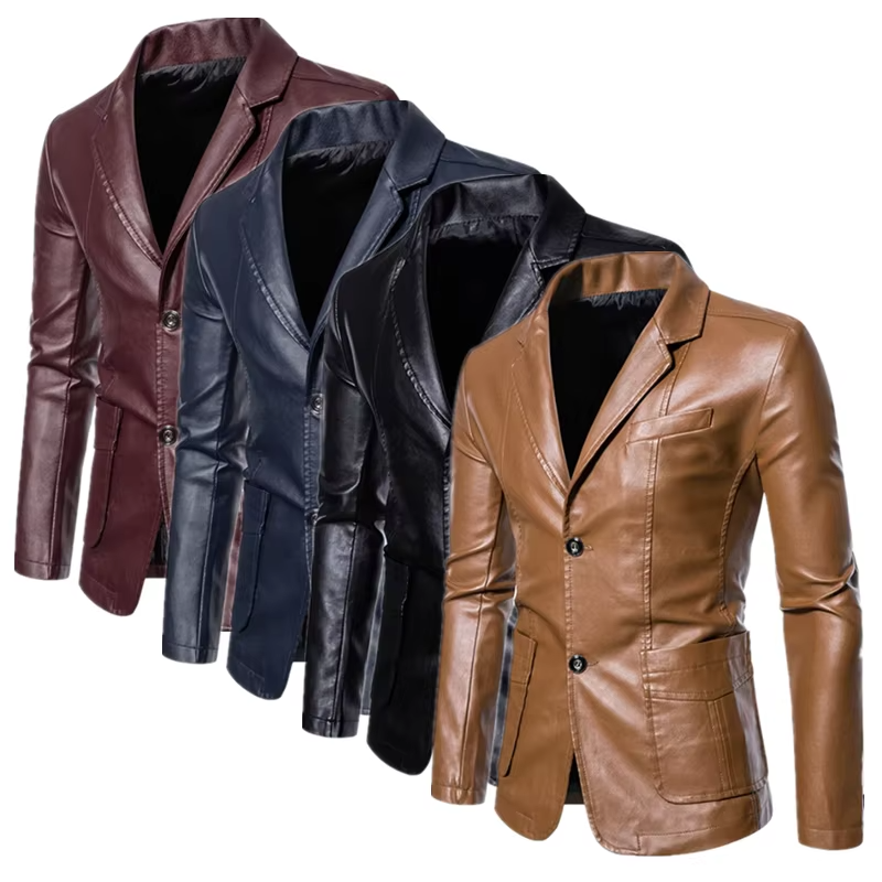 Men's Business Casual Leather Jacket with Suit Collar – Slim Fit, Black or Khaki, Sizes up to 5XL