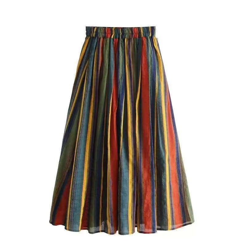 Cotton Linen Striped A-line Midi Pleated Skirt for Women