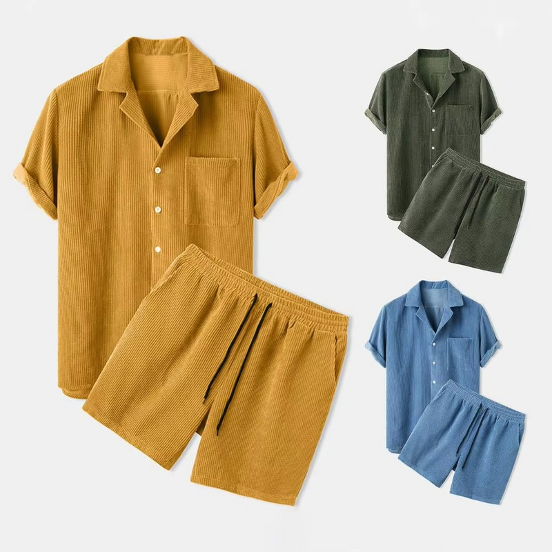 Men's Summer Corduroy 2-Piece Set – Short Sleeve Lapel Shirt with Matching Shorts