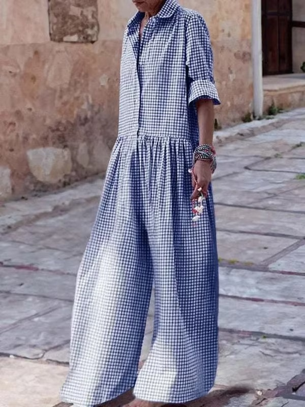 Plaid Wide Leg Lapel Jumpsuit for Women — Effortless Style in One Piece
