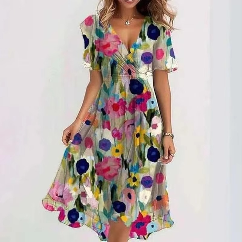 Summer V-Neck Floral Print Loose Casual Short Sleeve Dress for Women