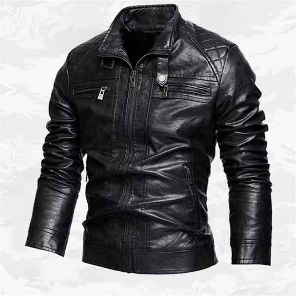 Men’s Vintage PU Leather Moto Jacket, Stand Collar Biker Coat for Autumn and Winter