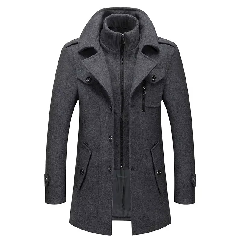 Men’s Mid-Length Wool Trench Coat, Double Collar Zipper Overcoat for Fall and Winter