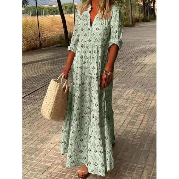 Plus Size Vintage-Inspired Summer Maxi Dress with Stand Collar and Long Sleeves