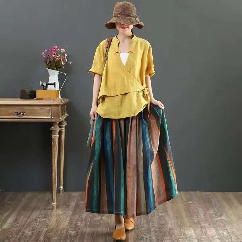 Cotton Linen Striped A-line Midi Pleated Skirt for Women