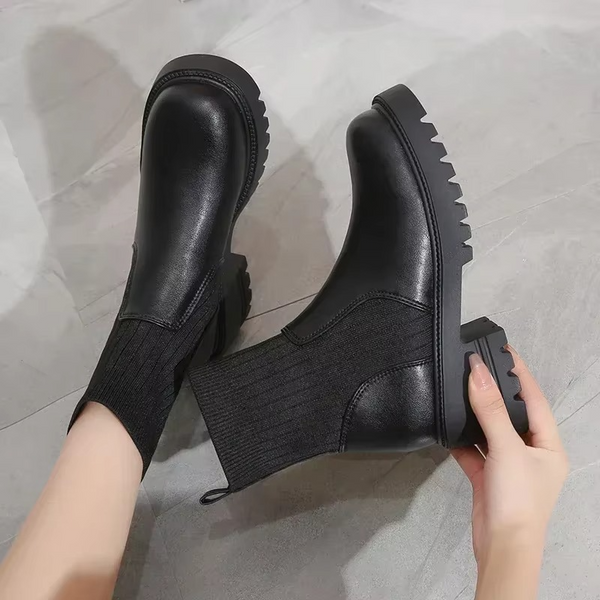 Autumn Winter Women’s Chelsea Platform Ankle Boots, Knitted High Heel PU Leather Booties