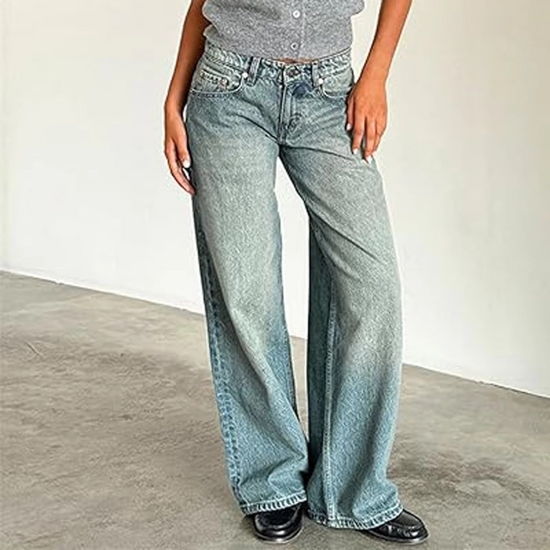 Retro Washed Mid Waisted Straight Leg Jeans for Women