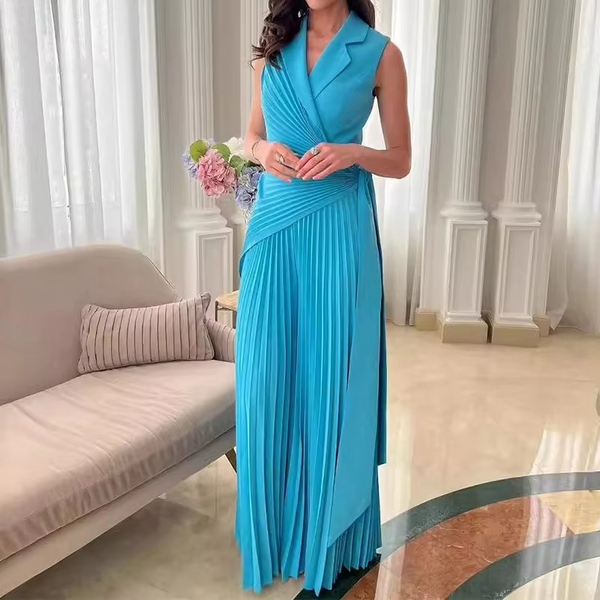 Elegant Lapel High Waist Sleeveless Romper with Pleated Wide Leg Design
