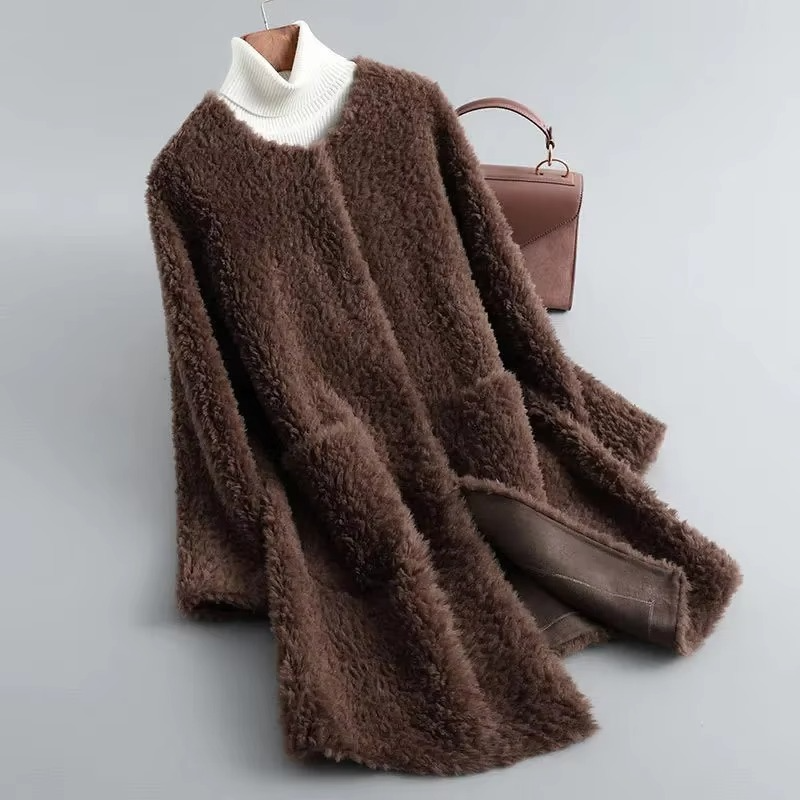 2025 Winter Women’s Mid Length Plush Faux Lamb Fur Coat Cardigan