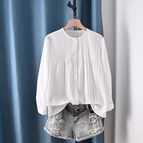 Elegant Women's 100% Cotton Pleated Long Sleeve Blouse in Black or White