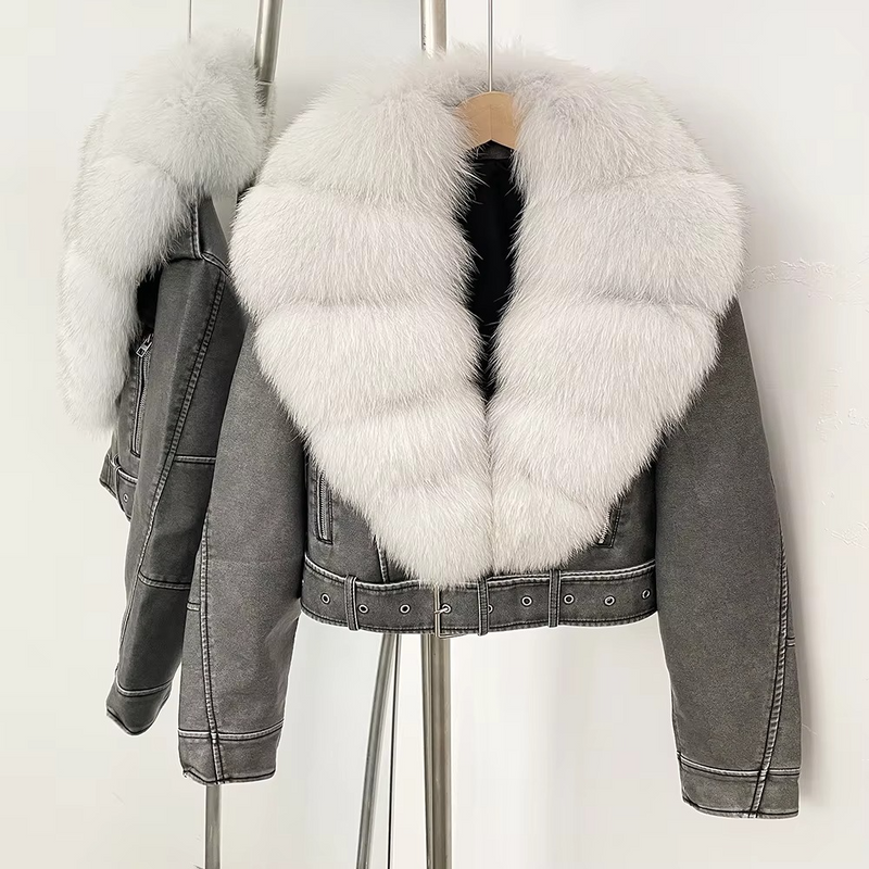 Women's Sheepskin Leather Coat with Real Fox Fur Collar — Warm Slim Fit Winter Jacket