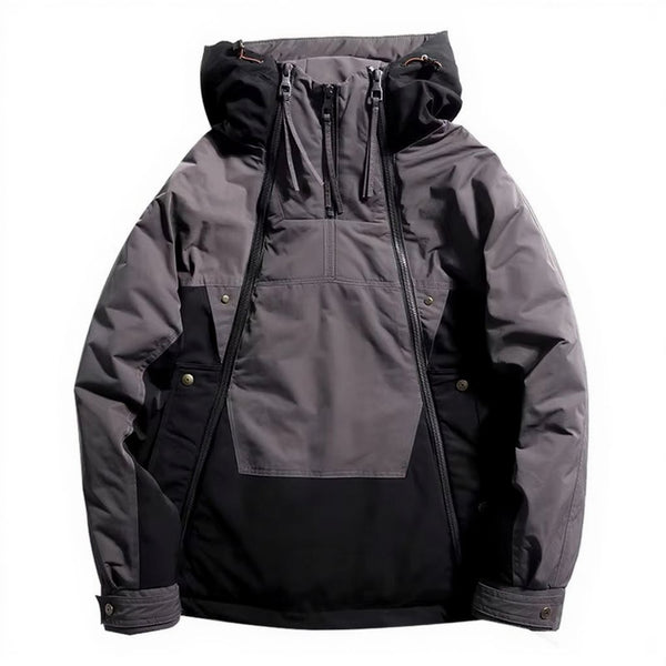 Men’s Winter Down Jacket with Double Zipper and Color-Block Hooded Design