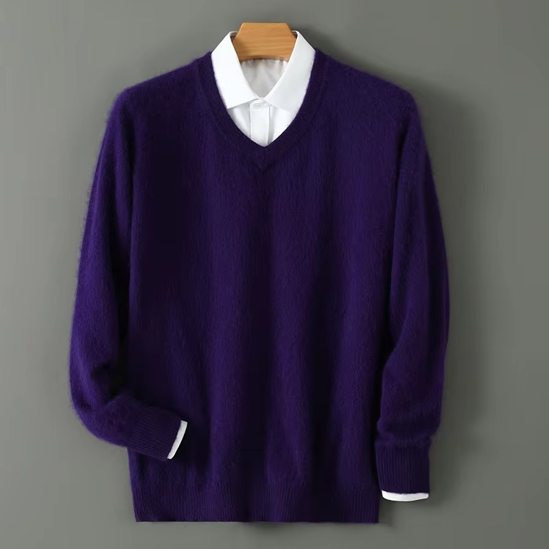 Men's Winter Cashmere Blend V Neck Sweater, Warm Knitted Pullover, Loose Fit Plus Size