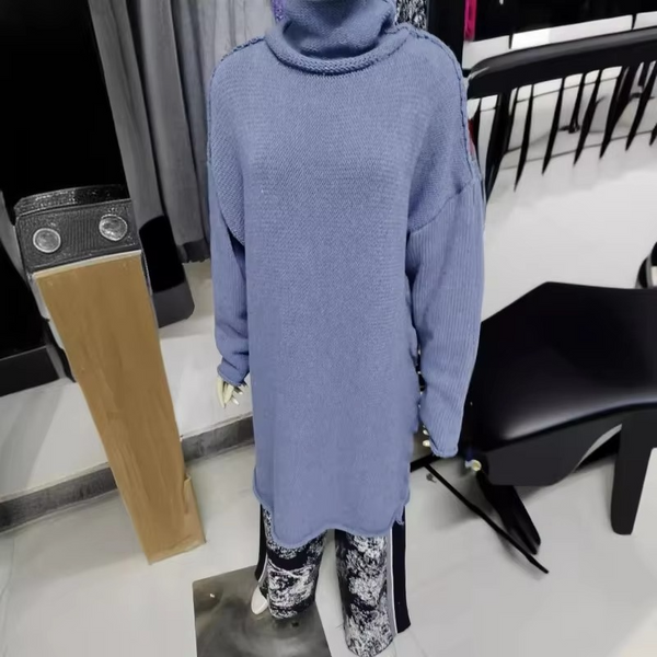 Women's Grey Pile Collar Sweater Pullover — Long Sleeve Autumn Top