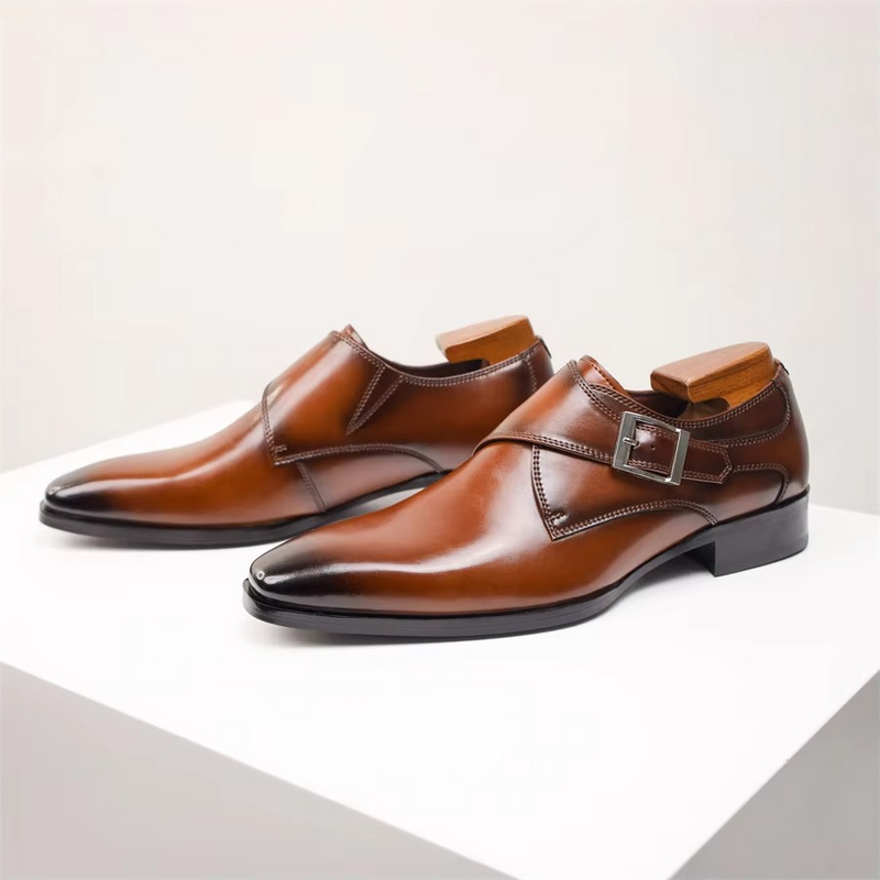 Men's Genuine Cow Leather Buckle Pointed Dress Shoes