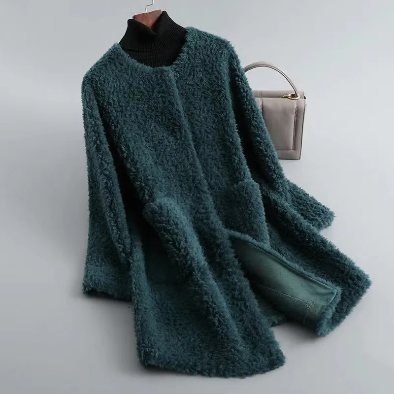 2025 Winter Women’s Mid Length Plush Faux Lamb Fur Coat Cardigan