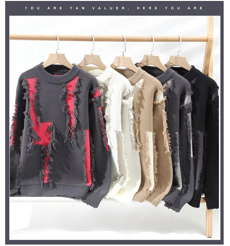 Men's Ripped Knit Sweater Loose Fit Crew Neck Pullover