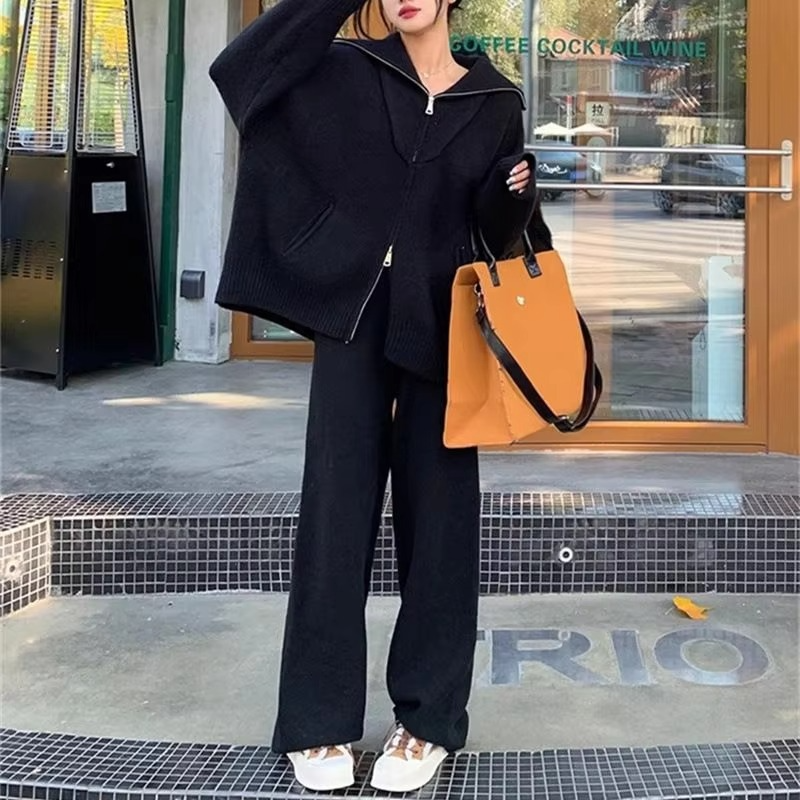 Women’s Knit Two Piece Pant Set with Zipper Sweater Coat and Wide Leg Pants