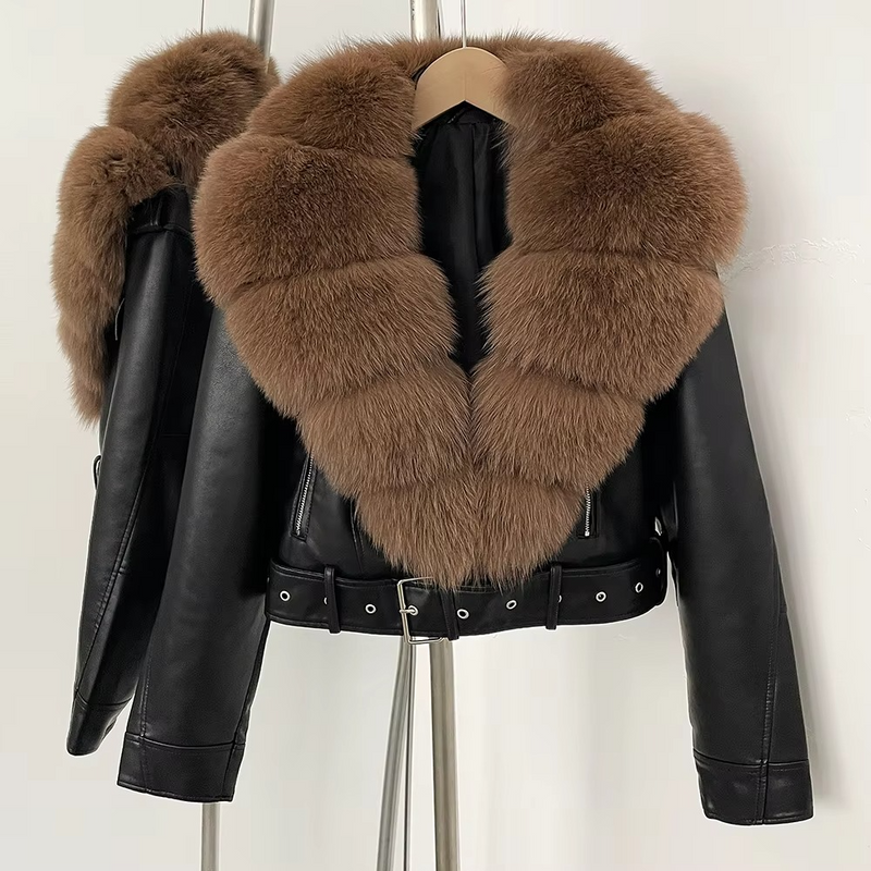 Women's Sheepskin Leather Coat with Real Fox Fur Collar — Warm Slim Fit Winter Jacket