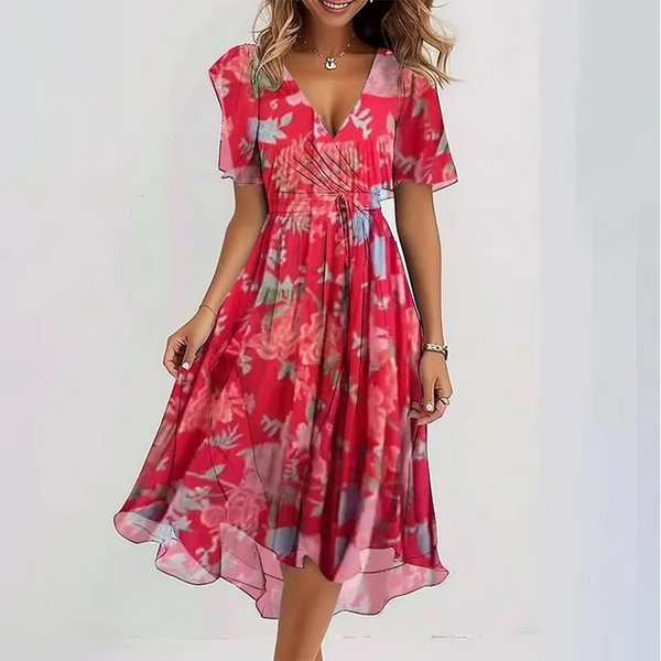 Summer V-Neck Floral Print Loose Casual Short Sleeve Dress for Women