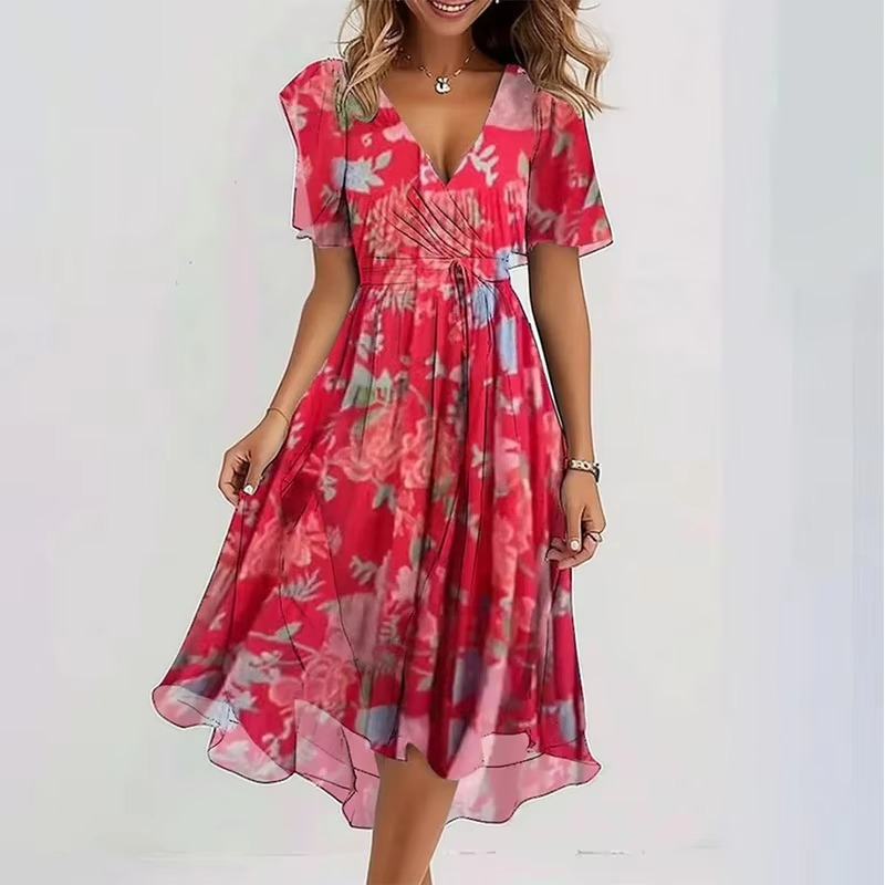 Summer V-Neck Floral Print Loose Casual Short Sleeve Dress for Women