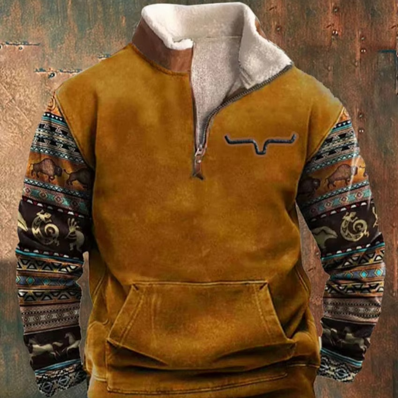 Men’s Retro 3D Printed Hooded Jacket with Leather Collar and Zipper Closure