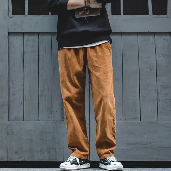 Men's Vintage Corduroy Pants, Straight-Leg Loose Fit Trousers with Elastic Waist and Pockets for Fall and Winter
