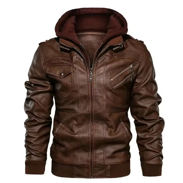 Men's Hooded PU Leather Biker Jacket Streetwear Zipper Coat for Spring or Fall
