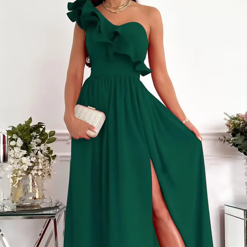 Ruffle Edge One Shoulder Maxi Dress with Side Slit