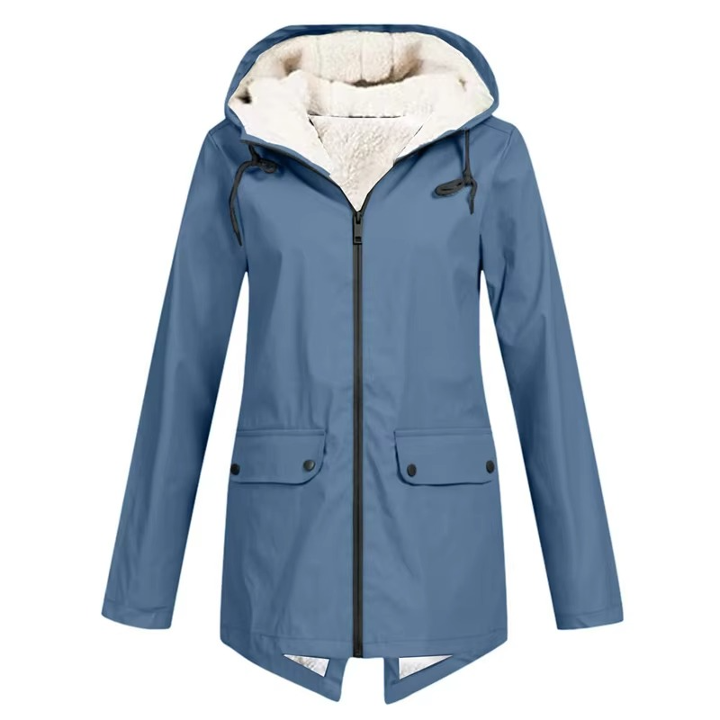 Women's Waterproof Hooded Velvet-Lined Windbreaker Trench Coat for Autumn and Winter